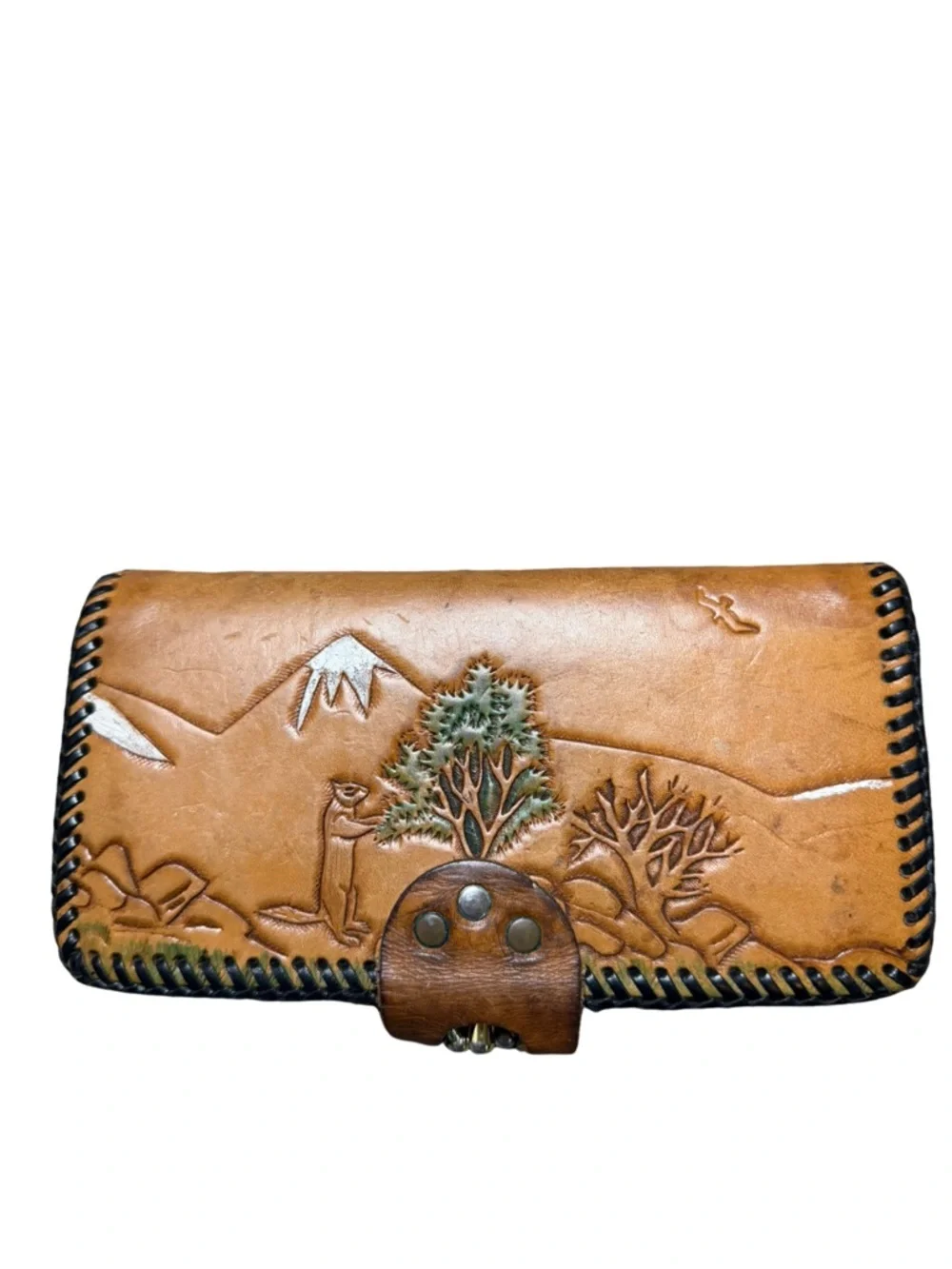 Vintage Hand Tooled Leather Wallet Western Deer Scene Snap Closure Brown